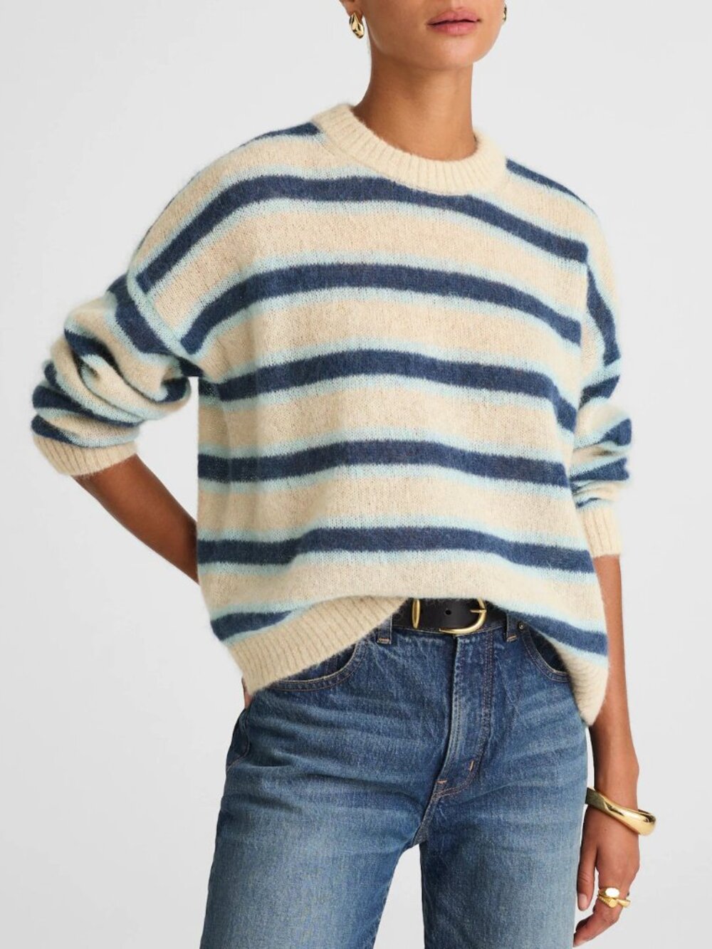 New Madewell Alpaca Blend Striped Sweater Beige Blue XS $128